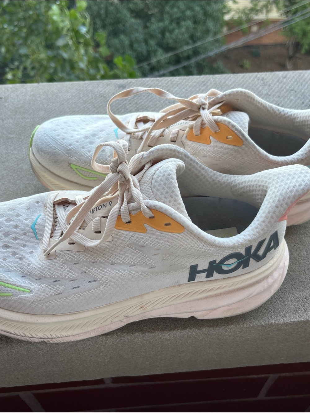Hoka Neutral Running Shoes - Off-White with Yellow and Neon Green Accents
